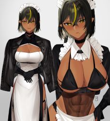 Rule 34 | 1girl, abs, apron, bikini, black hair, blonde hair, breasts, choker, commentary, covered navel, dark-skinned female, dark skin, dress, english commentary, gloves, grey background, hair between eyes, highres, j.moon, jacket, large breasts, lilith (lilycious), looking at viewer, maid, maid apron, maid bikini, maid headdress, mole, mole on breast, mole under mouth, multicolored hair, muscular, muscular female, original, pointy ears, short hair, simple background, smile, solo, streaked hair, swimsuit, two-tone hair, unconventional maid, watermark, yellow eyes