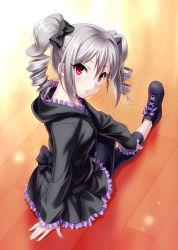 Rule 34 | 10s, 1girl, drill hair, frilled skirt, frills, hood, hoodie, idolmaster, idolmaster cinderella girls, jpeg artifacts, kanzaki ranko, leggings, long hair, looking at viewer, looking back, looking up, outstretched leg, red eyes, shoes, silver hair, skirt, solo, twin drills, twintails, zen