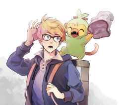 Rule 34 | 1boy, alternate hair color, backpack, bag, bespectacled, black-framed eyewear, blonde hair, brown bag, buttons, collared shirt, commentary request, creatures (company), game freak, gen 8 pokemon, glasses, grey shirt, grookey, hand up, hat, holding, holding clothes, holding hat, hood, hooded jacket, jacket, looking back, lower teeth only, male focus, monji samonji, nintendo, open clothes, open jacket, open mouth, pokemon, pokemon (creature), pokemon swsh, shirt, short hair, teeth, tongue, unworn hat, unworn headwear, victor (pokemon), zipper