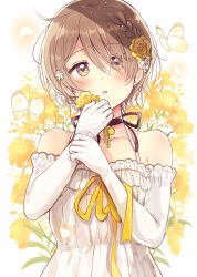 Rule 34 | 1girl, absurdres, bare shoulders, blush, braid, brown eyes, brown hair, collarbone, commentary request, dress, elbow gloves, eyes visible through hair, floral background, flower, gloves, hair flower, hair ornament, hair over one eye, hands up, highres, holding, holding flower, looking at viewer, original, parted lips, revision, sakura oriko, sleeveless, sleeveless dress, solo, white background, white dress, white gloves, yellow flower
