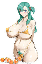 Rule 34 | 1girl, aqua hair, bare legs, bare shoulders, bikini, blue eyes, breasts, bulma, cleavage, covered erect nipples, curvy, dragon ball, female focus, female pubic hair, huge breasts, kunaboto, large breasts, long hair, looking at viewer, micro bikini, ponytail, pubic hair, pussy, pussy juice, shiny skin, sketch, smile, solo, swimsuit, wide hips