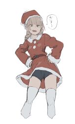 Rule 34 | 1girl, belt, bike shorts, breasts, brown hair, christmas, dress, fur trim, hat, highres, kotoyama, long hair, looking at viewer, medium breasts, open mouth, original, ringed eyes, santa costume, santa hat, simple background, small breasts, smile, solo, thighhighs, white background