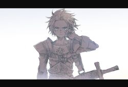 Rule 34 | 1boy, armor, closed mouth, greyscale, gustave xiii, letterboxed, looking at viewer, male focus, michibata 65, monochrome, saga, saga frontier 2, short hair, simple background, solo, spot color, standing, sword, weapon, white background
