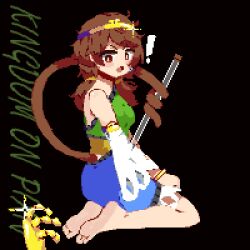 Rule 34 | !, 1girl, barefoot, blue dress, blush stickers, brown hair, circlet, detached sleeves, dress, feet, green dress, highres, kingdom (user ysav4824), legs, long hair, low twintails, monkey tail, multicolored clothes, multicolored dress, open mouth, pixel art, red eyes, ruyi jingu bang, single detached sleeve, soles, solo, son biten, tail, test tube, toes, touhou, twintails, white sleeves, yellow dress