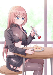 1girl belt black_belt black_bra black_collar black_jacket black_skirt blue_eyes blue_nails bra breasts brown_thighhighs cake cake_slice chair collar commentary_request cropped_jacket feet_out_of_frame food fork fruit highres holding holding_fork jacket large_breasts long_hair long_sleeves megurine_luka open_clothes open_jacket parted_lips pink_hair pipikopipiko plate side_slit sitting skirt solo strawberry strawberry_shortcake table thighhighs underwear vocaloid