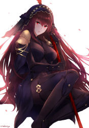 Rule 34 | 1girl, armor, bodysuit, breasts, fate/grand order, fate (series), gae bolg (fate), kachiino, large breasts, long hair, looking at viewer, pauldrons, polearm, purple hair, red eyes, scathach (fate), scathach (fate), shoulder armor, simple background, solo, spear, veil, weapon