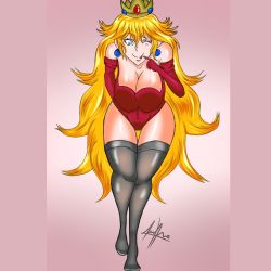 Rule 34 | 1girl, artist request, blonde hair, corset, crown, dilane93, eyeshadow, lingerie, long hair, looking at viewer, makeup, mario (series), nintendo, one eye closed, princess peach, solo, source request, super mario bros. 1, thick thighs, thighs, underwear