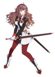 Rule 34 | 1girl, absurdres, alternate costume, black footwear, black jacket, blush, boots, braid, breasts, brown hair, fortissimo, green eyes, hair ornament, headset, highres, holding, holding sword, holding weapon, jacket, medium breasts, miori celesta, multicolored clothes, multicolored jacket, musical note, musical note hair ornament, open mouth, pantyhose, shinhrofficer, solo, sword, treble clef, tsunderia, two-tone jacket, virtual youtuber, weapon, white background, white footwear, white jacket