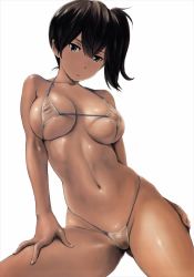 Rule 34 | 10s, 1girl, bare arms, bare legs, bare shoulders, bikini, black eyes, black hair, breasts, collarbone, dark-skinned female, dark skin, female focus, groin, highres, kaga (kancolle), kantai collection, large breasts, legs, looking at viewer, micro bikini, navel, nipples, pussy, see-through, serious, side ponytail, simple background, solo, standing, swimsuit, tan, thighs, uncensored, wa (genryusui), white background