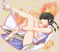 Rule 34 | 1girl, aono kan, black hair, braid, china dress, chinese clothes, dead or alive, dress, feet, flower, high heels, legs, lei fang, long legs, pelvic curtain, plum blossoms, sandals, side slit, solo, tecmo