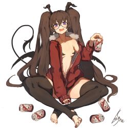 Rule 34 | 1girl, :d, animal ears, beer can, black-framed eyewear, black thighhighs, blush, breasts, brown hair, can, drink can, drunk, fake animal ears, fingernails, hairband, highres, indian style, jacket, lansane, long hair, long sleeves, looking at viewer, low wings, nail polish, off shoulder, open mouth, original, pasties, pink nails, purple eyes, rabbit ears, red jacket, round eyewear, saliva, signature, simple background, sitting, sleeves past wrists, small breasts, smile, solo, stirrup legwear, tail, thighhighs, toeless legwear, twintails, very long hair, white background, wings