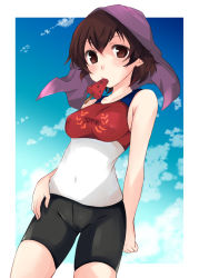 Rule 34 | 10s, 1girl, abenattou, bad id, bad pixiv id, bike shorts, brown eyes, brown hair, caesar (girls und panzer), cloud, cloudy sky, day, emblem, food, girls und panzer, looking at viewer, mouth hold, popsicle, shirt, short hair, sky, sleeveless, sleeveless shirt, solo, standing, towel, towel on head, watermelon bar
