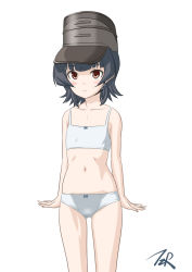 Rule 34 | 1girl, arare (kancolle), artist logo, black hair, bra, brown eyes, cowboy shot, flat chest, gluteal fold, hat, highres, kantai collection, looking at viewer, panties, short hair, simple background, solo, t2r, training bra, underwear, underwear only, white background, white bra, white panties