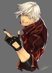 Rule 34 | 1boy, blue eyes, capcom, dante (devil may cry), devil may cry (series), fingerless gloves, gloves, grey background, grin, hiryuu, jacket, male focus, signature, simple background, smile, solo, white hair