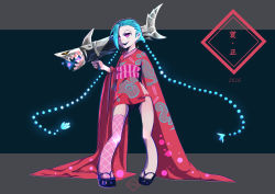 Rule 34 | 1girl, blue hair, braid, highres, japanese clothes, jinx (league of legends), kimono, league of legends, long hair, long sleeves, pink eyes, sandals, single thighhigh, thighhighs, twin braids, weapon