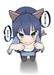 Rule 34 | 1girl, absurdres, animal ears, black pantyhose, blue eyes, blush, cat ears, cat tail, check translation, engage kiss, highres, looking at viewer, looking up, pantyhose, paw pose, simple background, solo, tail, tenganiki, translation request, white background, yuugiri ayano