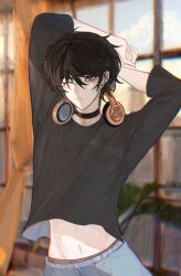Rule 34 | 1boy, closed mouth, earrings, hair between eyes, headphones, headphones around neck, highres, i became a god in a horror game, jewelry, linai037, long sleeves, looking at viewer, male focus, mu sicheng, one eye closed, red eyes, short hair, solo, stud earrings