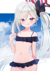 Rule 34 | 1girl, bikini, blue archive, blue sky, breasts, cowboy shot, gluteal fold, hair ornament, halo, highres, licking lips, light smile, long hair, looking at viewer, mutsuki (blue archive), nail polish, navel, off-shoulder bikini, off shoulder, pink nails, pointy ears, purple eyes, sese nagi, side ponytail, sky, small breasts, solo, stomach, swimsuit, tongue, tongue out, twitter username, very long hair, white hair