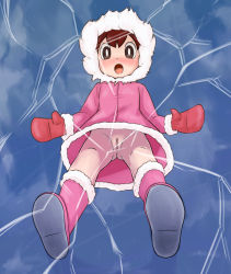 Rule 34 | 1girl, :o, blush, boots, brown eyes, brown hair, cleft of venus, coat, doraemon, female focus, from below, fur trim, gloves, goldmondsel, hood, ice, looking down, minamoto shizuka, mittens, naked coat, no panties, open mouth, parka, pussy, solo, source request, uncensored, winter clothes