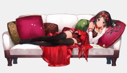 Rule 34 | 1girl, asahikawa hiyori, bare shoulders, black eyes, black hair, black thighhighs, breasts, bridal gauntlets, cleavage, closed mouth, couch, cushion, detached collar, dress, elbow gloves, gloves, grey background, hairband, indie virtual youtuber, long hair, looking at viewer, lying, no shoes, on couch, on side, original, parted bangs, pillow, red skirt, short dress, simple background, skirt, smile, solo, thighhighs, virtual youtuber, white dress, white gloves