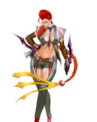 Rule 34 | 1girl, alternate costume, arm blade, between breasts, blade, blue eyes, braid, breasts, capcom, crimson viper, crossed legs, dual wielding, elbow gloves, fringe trim, garter belt, garter straps, gloves, hair ornament, hand on own hip, highres, holding, ikeda masateru, large breasts, lips, long hair, mature female, midriff, navel, necktie, necktie between breasts, nose, onimusha soul, pompadour, red hair, short shorts, shorts, shoulder pads, simple background, single braid, solo, standing, street fighter, street fighter iv (series), tan, thighhighs, watson cross, weapon, white background
