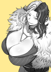 Rule 34 | 1girl, absurdres, breasts, choker, cleavage, coat, from above, fukamichi ran&#039;ou, fur coat, goddess of victory: nikke, greyscale, grin, highres, huge breasts, long hair, looking at viewer, monochrome, multicolored hair, parted hair, rosanna (nikke), smile, solo, split-color hair, striped, vertical stripes, yellow background