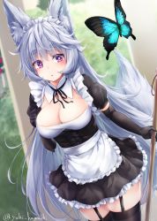 Rule 34 | 1girl, animal ear fluff, animal ears, apron, black dress, black gloves, black thighhighs, breasts, bug, butterfly, cleavage, cleavage cutout, clothing cutout, dress, elbow gloves, frilled apron, frilled dress, frills, garter straps, gloves, grey hair, highres, insect, large breasts, long hair, maid, maid apron, maid headdress, original, puffy short sleeves, puffy sleeves, purple eyes, short dress, short sleeves, solo, standing, thick eyebrows, thighhighs, very long hair, waist apron, white apron, yuki kawachi