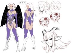 Rule 34 | 1girl, ass, black wings, bodysuit, breasts, character request, character sheet, demon girl, female focus, full body, highleg, highleg leotard, horns, large breasts, leotard, long hair, looking at viewer, pointy ears, shoes, simple background, smile, solo, standing, thong, translation request, uniform, white background, wings, zol