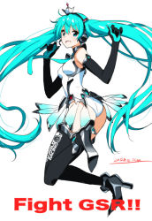Rule 34 | 1girl, aqua eyes, aqua hair, artist name, boots, crown, dated, elbow gloves, full body, gloves, goodsmile company, goodsmile racing, hatsune miku, headphones, headset, jumping, leotard, long hair, looking back, official art, open mouth, race queen, racing miku, racing miku (2013), saitou masatsugu, simple background, solo, thigh boots, thighhighs, twintails, very long hair, vocaloid, white background