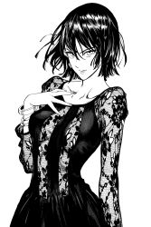 Rule 34 | 1girl, bracelet, breasts, collarbone, dress, earrings, flower dress, fubuki (one-punch man), greyscale, hand on own chest, highres, jewelry, looking at viewer, medium breasts, monochrome, multiple bracelets, murata yuusuke, official art, one-punch man, short hair, solo, source request, upper body, white background