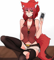 Rule 34 | 1girl, animal ears, barefoot, breasts, card, cleavage, facepaint, feet, highres, crossed legs, long hair, looking at viewer, parted lips, playing card, ponytail, red eyes, red hair, scathegrapes, shorts, sitting, smile, soles, stirrup legwear, tail, toeless legwear, toes