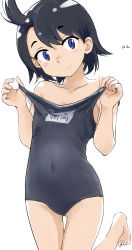 Rule 34 | 1girl, :3, bare shoulders, barefoot, black hair, blue eyes, blush stickers, closed mouth, collarbone, covered navel, flat chest, hair ornament, highres, hodaka natsumi, houkago teibou nisshi, kashmir, looking at viewer, name tag, old school swimsuit, one-piece swimsuit, one side up, school swimsuit, short hair, side ponytail, simple background, smile, solo, standing, standing on one leg, swimsuit, thigh gap, white background