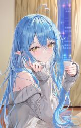 Rule 34 | 1girl, ahoge, alternate costume, bare shoulders, blue hair, choko (cup), cityscape, copyright notice, cup, curtains, double-parted bangs, elbow on table, elf, from side, glass table, grey sweater, hair between eyes, hair over shoulder, hand in own hair, hands up, heart, heart ahoge, highres, holding, holding cup, hololive, indoors, long hair, long sleeves, looking at viewer, night, off-shoulder sweater, off shoulder, official art, pink nails, pointy ears, reflection, rin yuu, sitting, sleeves past wrists, solo, sweater, table, virtual youtuber, window, wooden floor, yellow eyes, yukihana lamy
