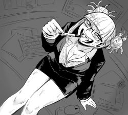 Rule 34 | 1girl, blunt bangs, blush, boku no hero academia, breasts, cleavage, collarbone, desk, double bun, fangs, from above, glasses, hair bun, large breasts, looking at viewer, monochrome, open mouth, pencil skirt, pie (aipiepo), sitting, skirt, solo, sweat, thighs, toga himiko, tongue, tongue out, wet, wet clothes