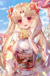 Rule 34 | 1girl, blonde hair, blue sky, blurry, blurry background, chiachun0621, cloud, cloudy sky, commentary, day, depth of field, ema, ereshkigal (fate), fate/grand order, fate (series), floral print, fur scarf, hair ornament, highres, holding, japanese clothes, kimono, long hair, long sleeves, looking at viewer, new year, obi, open mouth, outdoors, parted bangs, print kimono, red eyes, sash, sky, smile, solo, two side up, white kimono, wide sleeves