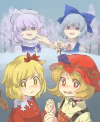 Rule 34 | 4girls, aki minoriko, aki shizuha, autumn leaves, bad id, bad twitter id, blonde hair, blue dress, blue eyes, blue hair, blush, bow, choker, cirno, collared shirt, commentary request, day, dress, forest, grey sky, hair between eyes, hair bow, hair ornament, hat, hat ornament, highres, holding hands, interlocked fingers, laughing, leaf, leaf hair ornament, letty whiterock, light purple hair, long sleeves, looking at viewer, mob cap, multiple girls, nature, nose blush, open mouth, pointing, polearm, red dress, red eyes, ribbon, ribbon choker, sasa kichi, scarf, shaded face, shirt, short hair, siblings, sisters, sky, snow, tearing up, touhou, trident, troll face, watery eyes, wavy mouth, weapon, white scarf, white shirt, yellow eyes, yellow shirt