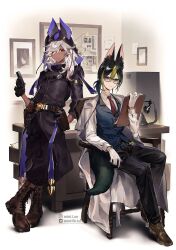 Rule 34 | 2boys, animal ears, arm behind back, belt, belt pouch, black coat, black hair, black pants, blue vest, boots, brown footwear, bulletin board, buttons, chair, clipboard, coat, corded phone, cyno (genshin impact), dark-skinned male, dark skin, desk, detective, dress shirt, filing cabinet, genshin impact, gloves, green hair, gun, handgun, highres, holding, holding clipboard, holding gun, holding weapon, holster, indoors, leaning, long hair, male focus, mint-tan, multicolored hair, multiple boys, necktie, office, on chair, pants, phone, photo (object), picture frame, pouch, red eyes, red necktie, revolver, shirt, sitting, standing, string chart, tail, tighnari (genshin impact), vest, weapon, white coat, white gloves, white hair, white shirt