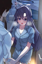 2girls absurdres black_halo blue_archive blue_pajamas blush breasts cleavage collarbone commentary_request dress frilled_pajamas frills hairband halo highres holding_another&#039;s_wrist long_hair long_sleeves lying mechanical_halo medium_breasts mi_taro333 multiple_girls nightshirt noa_(blue_archive) noa_(pajamas)_(blue_archive) official_alternate_costume on_side open_mouth pajamas purple_eyes purple_hair sensei_(blue_archive) shirt short_hair sleepwear smile steam white_dress white_hair white_hairband white_halo white_pajamas white_shirt yuuka_(pajamas)_(blue_archive)