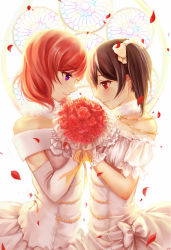 Rule 34 | 10s, 2girls, bare shoulders, black hair, blush, bouquet, bow, clouble, dated, dress, elbow gloves, flower, fur trim, gloves, hair bow, looking at another, love live!, love live! school idol festival, love live! school idol project, multiple girls, nishikino maki, petals, purple eyes, red eyes, red hair, short hair, signature, smile, twintails, wedding dress, white gloves, wife and wife, yazawa nico, yuri