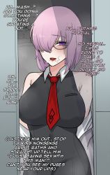 Rule 34 | 1boy, 1girl, absurdres, bare shoulders, blush, breasts, cheating (relationship), chihel, english text, fate/grand order, fate (series), glasses, hair over one eye, highres, interracial, large breasts, looking at viewer, mash kyrielight, netorare, open mouth, purple eyes, purple hair, short hair, smile, stray pubic hair