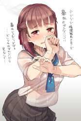 Rule 34 | 1girl, android girl (itou), black sailor collar, black skirt, blood, blue necktie, blunt bangs, blush, brown hair, covering own mouth, gradient background, grey background, hair ribbon, hands up, highres, itou (onsoku tassha), joints, liquid, looking at viewer, medium hair, miniskirt, necktie, nosebleed, original, pleated skirt, red eyes, red ribbon, ribbon, robot, robot joints, sailor collar, school uniform, serafuku, shirt, short sleeves, skirt, smoke, solo, tearing up, tears, translation request, wet, wet clothes, wet shirt, white background, white shirt