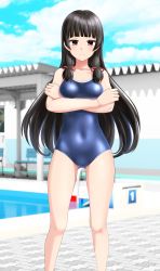 Rule 34 | 1girl, absurdres, black hair, blue one-piece swimsuit, blue sky, breasts, cleavage, cloud, competition school swimsuit, crossed arms, day, feet out of frame, hair ribbon, highres, isokaze (kancolle), kantai collection, long hair, looking at viewer, medium breasts, one-piece swimsuit, outdoors, pool, poolside, red eyes, ribbon, school swimsuit, sky, solo, starting block, swimsuit, takafumi, tress ribbon