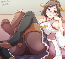 Rule 34 | 10s, 1girl, bare shoulders, black hair, unworn boot, boots, unworn boots, crotch seam, dated, detached sleeves, e20, feet, glasses, hairband, hand on own knee, japanese clothes, kantai collection, kirishima (kancolle), panties, panties under pantyhose, pantyhose, pantyshot, personification, short hair, single boot, single shoe, skirt, smile, soles, solo, thigh boots, thighhighs, twitter username, underwear, upskirt