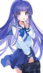 1girl bag blue_bow blue_hair blue_ribbon blue_sailor_collar blue_skirt bow furude_rika highres higurashi_no_naku_koro_ni kanyoko_(yuzukano_17) long_hair looking_at_viewer neck_ribbon open_mouth ribbon sailor_collar school_bag school_uniform serafuku simple_background skirt solo white_background