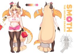 Rule 34 | 1girl, absurdres, ahoge, bag, bare arms, big hair, black gloves, blonde hair, breasts, character name, character sheet, closed mouth, color guide, commentary, covered erect nipples, doggopancake, doughnut, dragon girl, dragon horns, dragon tail, dragon wings, fang, fingerless gloves, food, french fries, from behind, full body, gloves, groin, hair between eyes, highres, holding, holding bag, holding food, horns, large breasts, long hair, low-tied long hair, midriff, multiple views, orange eyes, original, pink skirt, plump, pointy ears, sandwich, scales, sidelocks, simple background, skin fang, skirt, smile, standing, sweat, nervous sweating, tail, tank top, thick eyebrows, thighhighs, v-shaped eyebrows, very long hair, white background, wings