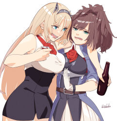 Rule 34 | 2girls, alcohol, arm around shoulder, asymmetrical docking, bare shoulders, black skirt, blonde hair, blue eyes, blush, bottle, breast press, breasts, brown hair, cup, drunk, flower, fuwafuwatoufu, gloves, green eyes, headgear, high-waist skirt, highres, holding, holding cup, kantai collection, large breasts, long hair, medium breasts, multiple girls, nelson (kancolle), one-hour drawing challenge, open mouth, ponytail, red flower, red rose, rose, saliva, sheffield (kancolle), simple background, skirt, sleeveless, twitter username, white background, white gloves