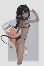 Rule 34 | 1girl, absurdres, akefumi, ass, back, bare arms, bare shoulders, black hair, black nails, black panties, blue hair, brain, breasts, choker, commentary request, cowboy shot, dark-skinned female, dark skin, demon girl, demon tail, earrings, from behind, grey background, hat, highres, horns, jewelry, long hair, looking at viewer, looking back, multicolored hair, oni, oni horns, original, panties, petite, pointy ears, purple eyes, simple background, slit pupils, small breasts, solo, standing, tail, two-tone hair, underwear, underwear only