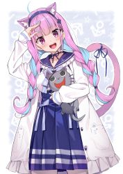 Rule 34 | 1girl, :d, ahoge, animal ears, blue dress, blue hair, blue hairband, blue sailor collar, braid, cat ears, cat tail, commentary request, dress, hairband, hand up, highres, holding, holding stuffed toy, hololive, long sleeves, looking at viewer, minato aqua, minato aqua (sailor), multicolored hair, neko (minato aqua), open mouth, pink hair, revision, sailor collar, smile, solo, stuffed animal, stuffed cat, stuffed toy, tail, takahashi osamu, twin braids, two-tone hair, virtual youtuber