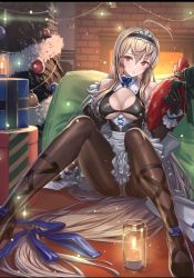 Rule 34 | 1girl, ankle lace-up, apron, bad id, bad pixiv id, bare shoulders, bodystocking, bow, bowtie, breasts, brown hair, candle, christmas lights, christmas ornaments, christmas present, christmas tree, cleavage, cleavage cutout, clothing cutout, collar, cross-laced footwear, cuboon, evertale, evolution, fireplace, gift, hairband, highres, leaning back, leotard, long hair, looking at viewer, maid, maid apron, medium breasts, panties, panties under pantyhose, pantyhose, pillow, red eyes, rizette, see-through, see-through legwear, see-through sleeves, sitting, solo, spread legs, underwear, very long hair