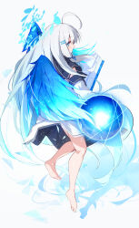 Rule 34 | 1girl, absurdres, aqua eyes, barefoot, blue bow, blue wings, blush, bow, e-note, from side, hair bow, hair ornament, highres, long hair, looking at viewer, magic, original, simple background, solo, white background, white hair, wings